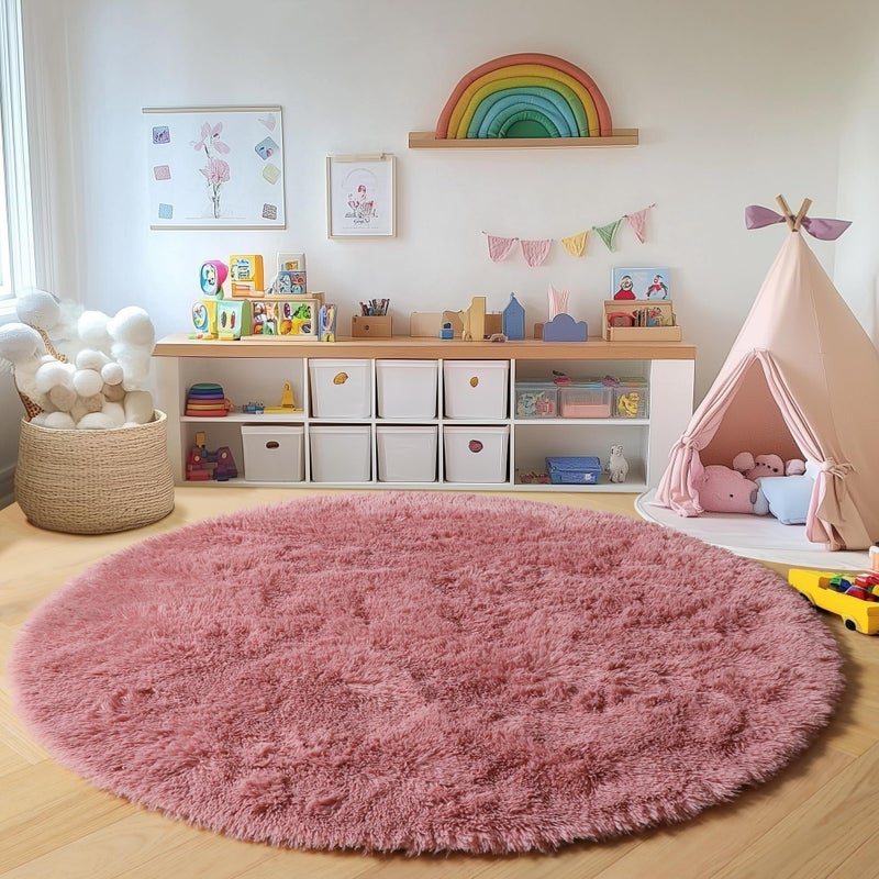 ONASAR Blush Round Area Rugs 5ft, Soft Bedroom Circle Rug Mats for Kids Girls Teen Room, Fluffy Plush Shaggy Carpet for Dorm Nursery Living Room Playroom Home Decor Princess Castle - Image 4